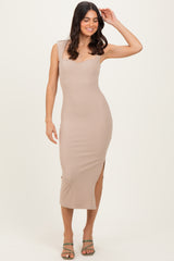Light Taupe Cutout Fitted Midi Dress