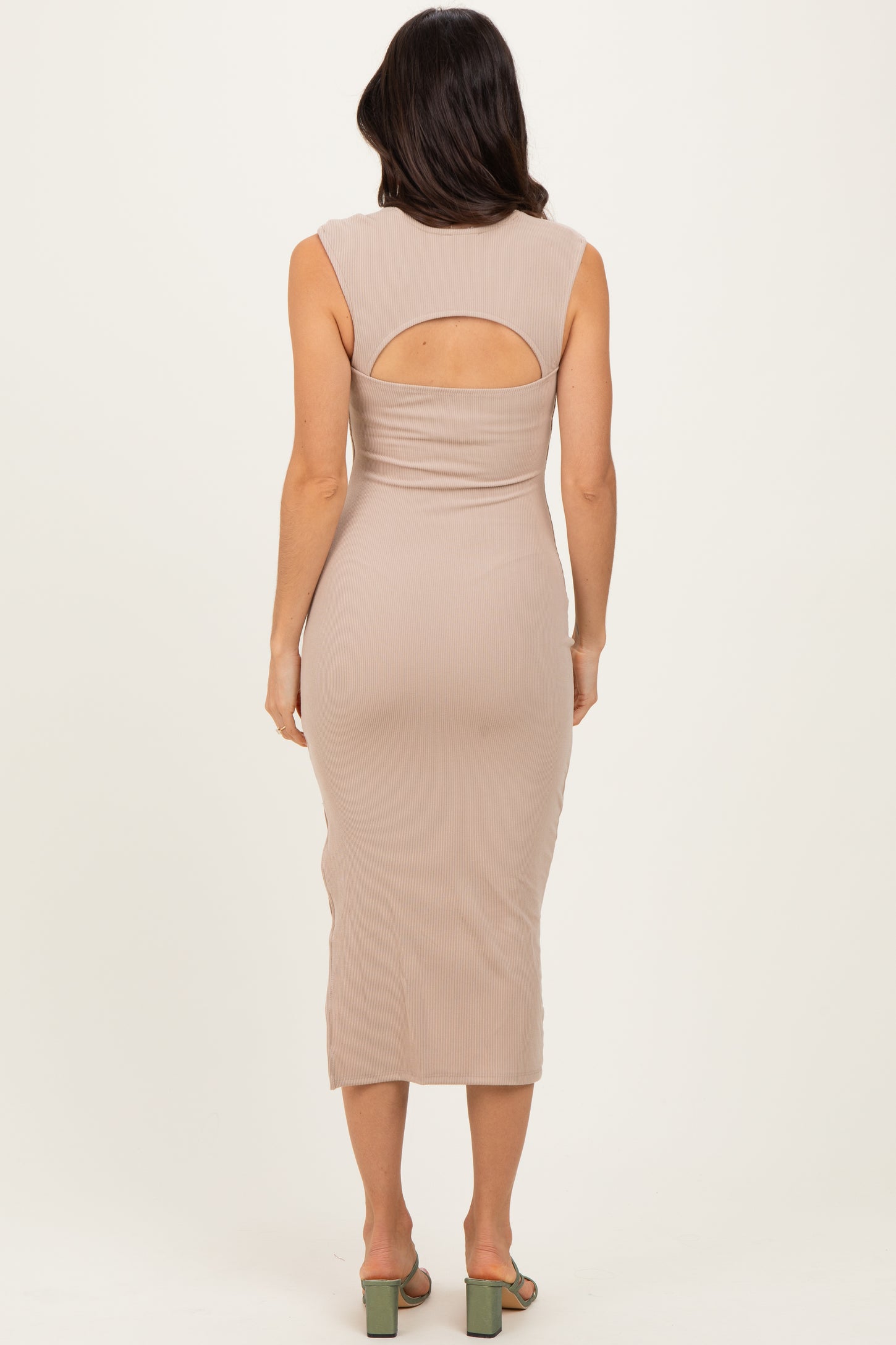 Light Taupe Cutout Fitted Midi Dress