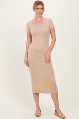 Light Taupe Ribbed Fitted Maternity Midi Dress