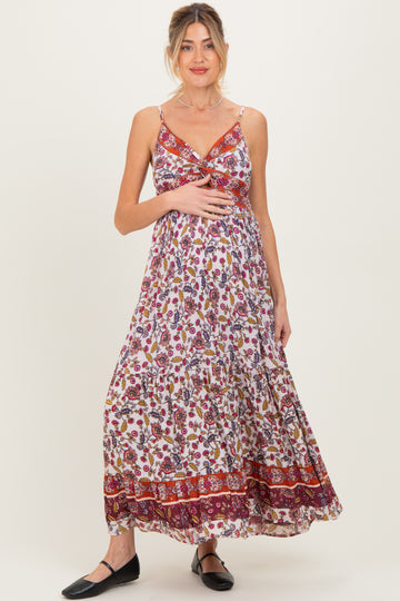 Cream Floral Twist Front Cutout Maternity Maxi Dress
