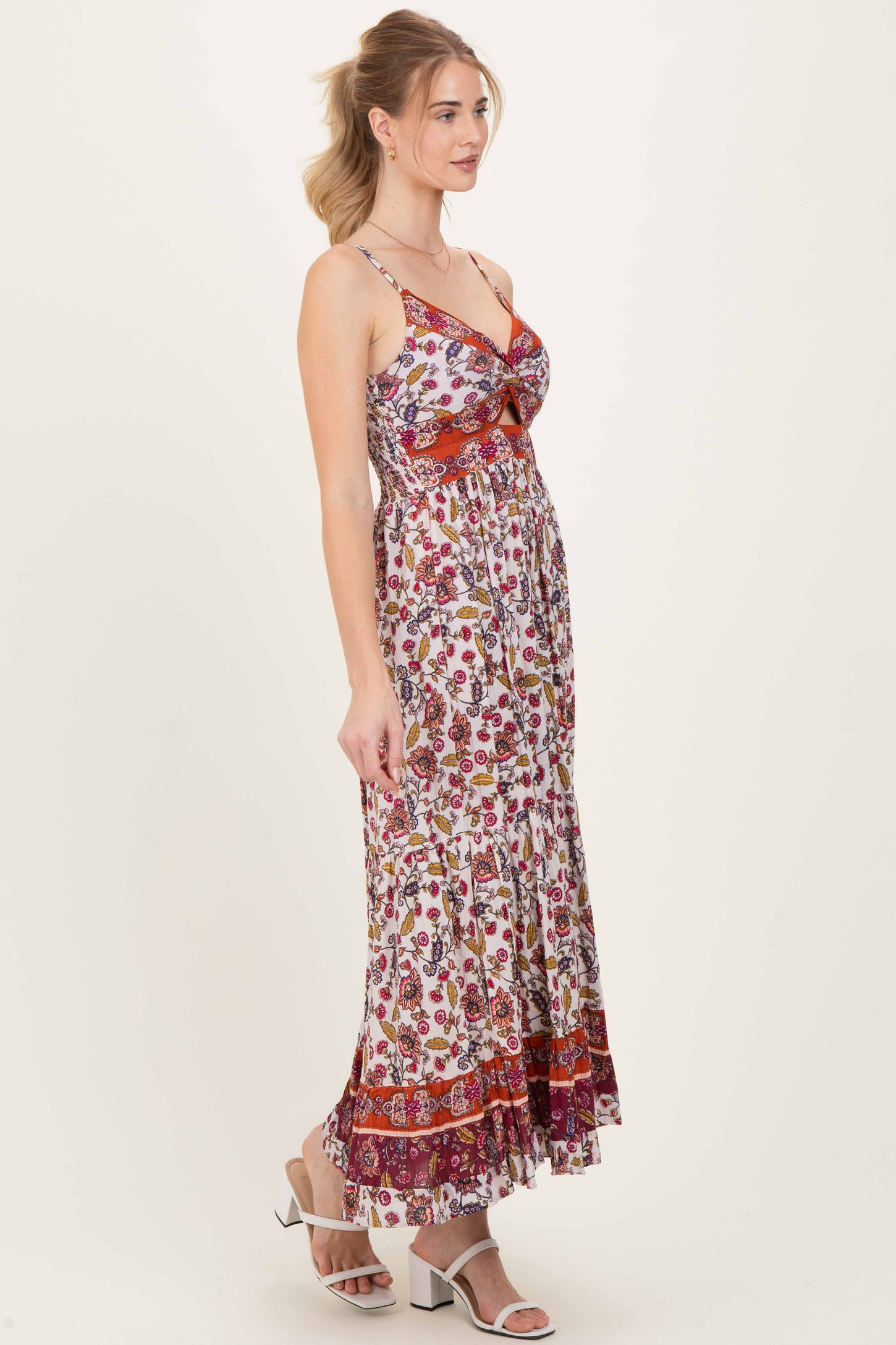 Cream Floral Twist Front Cutout Maxi Dress