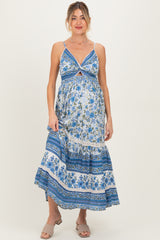 Blue Floral Twist Cutout Maternity Maxi Dress