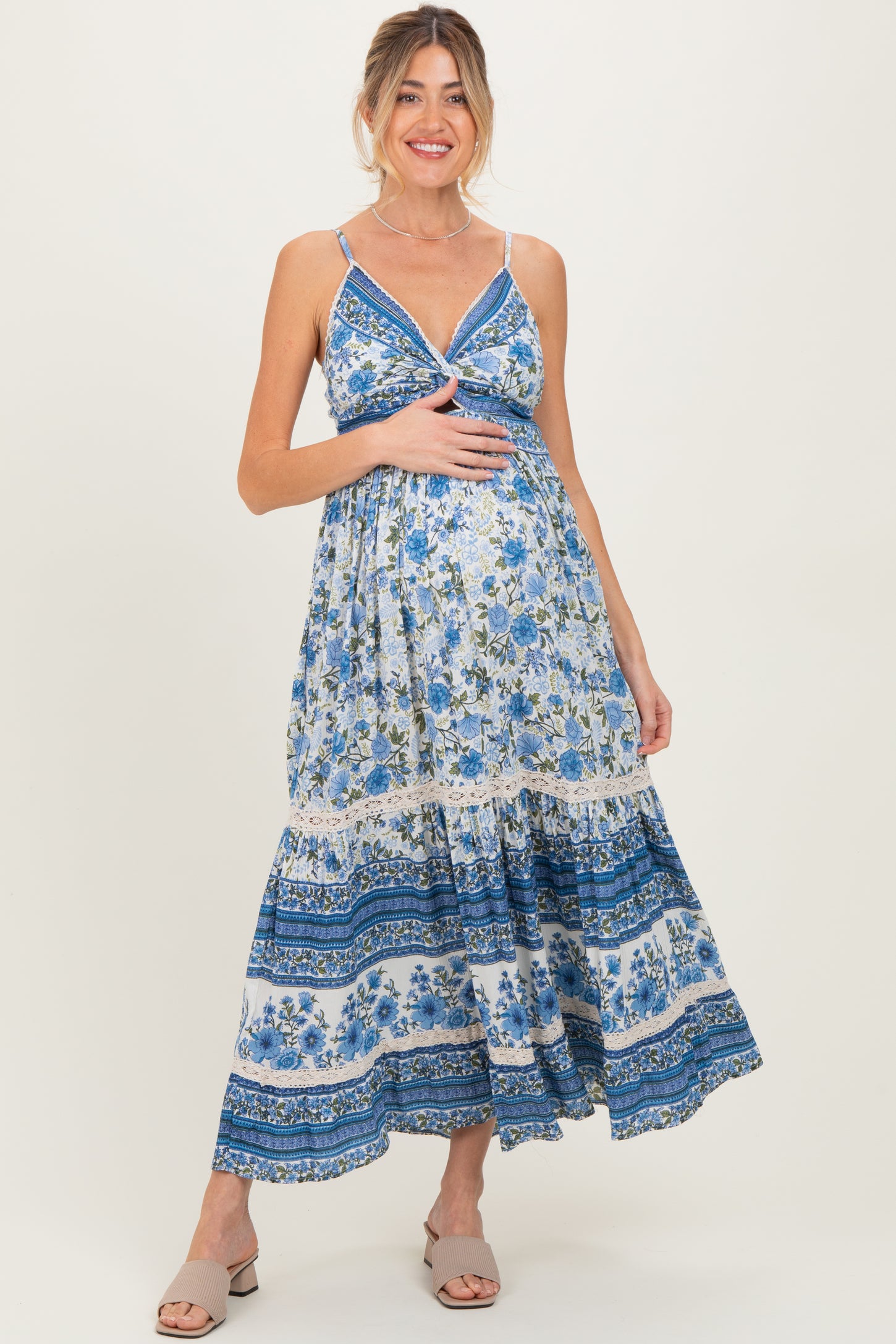 Blue Floral Twist Cutout Maternity Maxi Dress