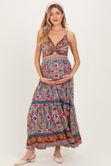 Teal Floral Twist Front Cutout Maternity Maxi Dress