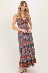 Teal Floral Twist Front Cutout Maxi Dress