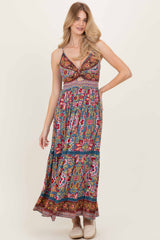 Teal Floral Twist Front Cutout Maxi Dress