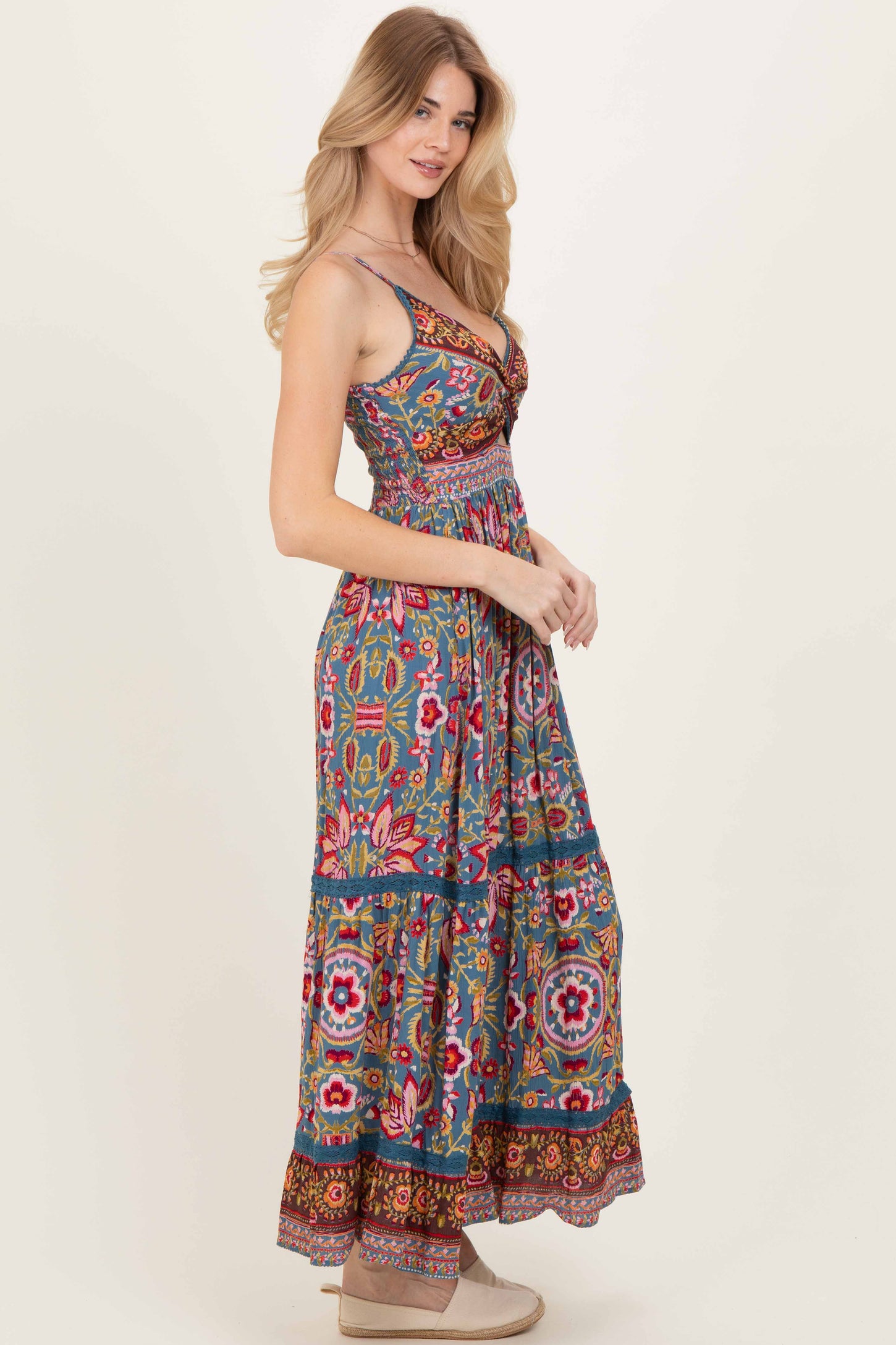 Teal Floral Twist Front Cutout Maxi Dress