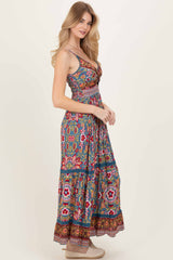 Teal Floral Twist Front Cutout Maxi Dress