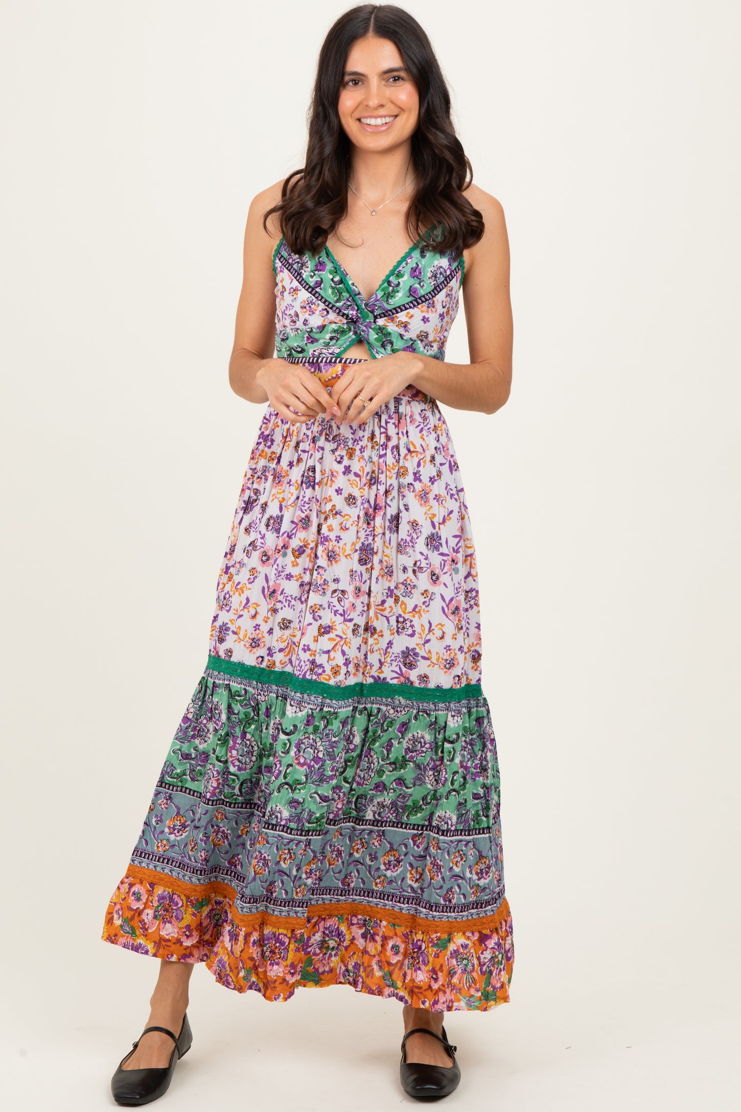 Multicolor Colorblock Floral Twist Front Cutout Maxi Dress