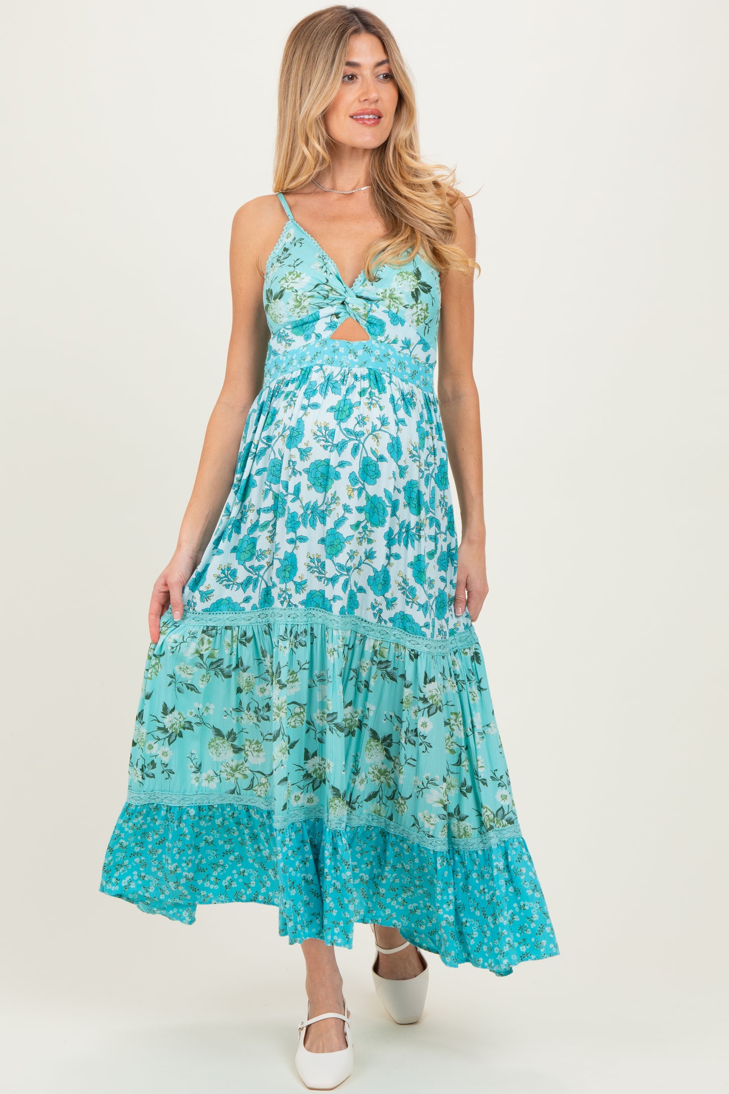 Aqua Multi Floral Print Twist Front Cutout Maternity Maxi Dress