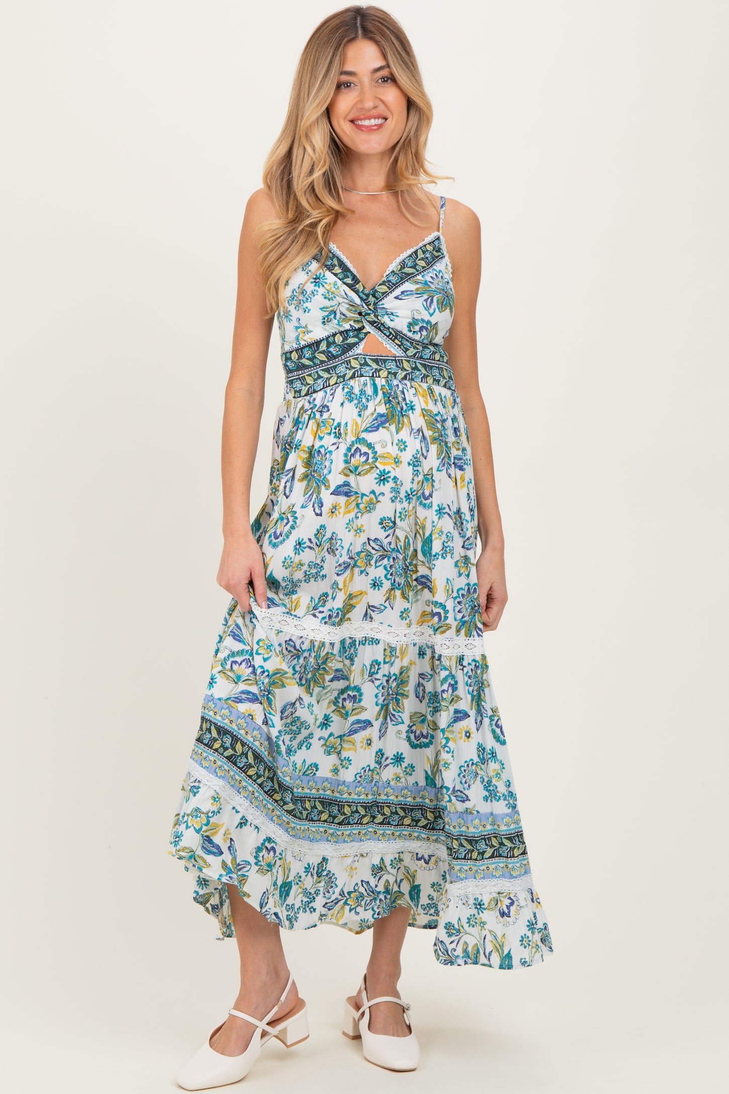 Ivory Floral Twisted Front Lace Detail Maternity Maxi Dress