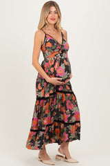 Black Floral Twisted Front Lace Detail Maternity Maxi Dress