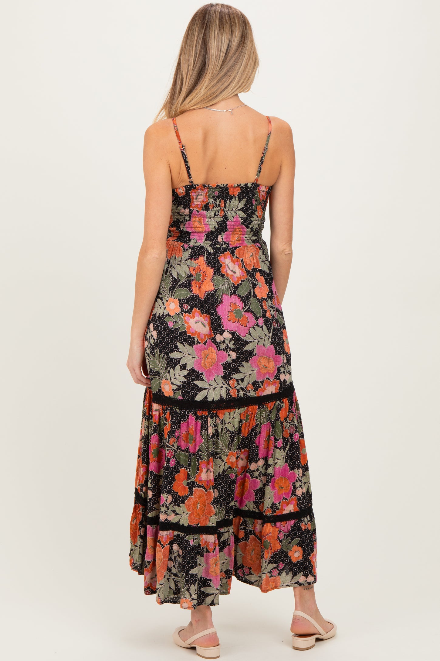 Black Floral Twisted Front Lace Detail Maternity Maxi Dress