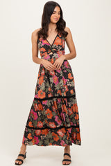 Black Floral Twisted Front Lace Detail Maternity Maxi Dress