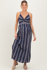 Navy Floral Stripe Twisted Front Maternity Maxi Dress