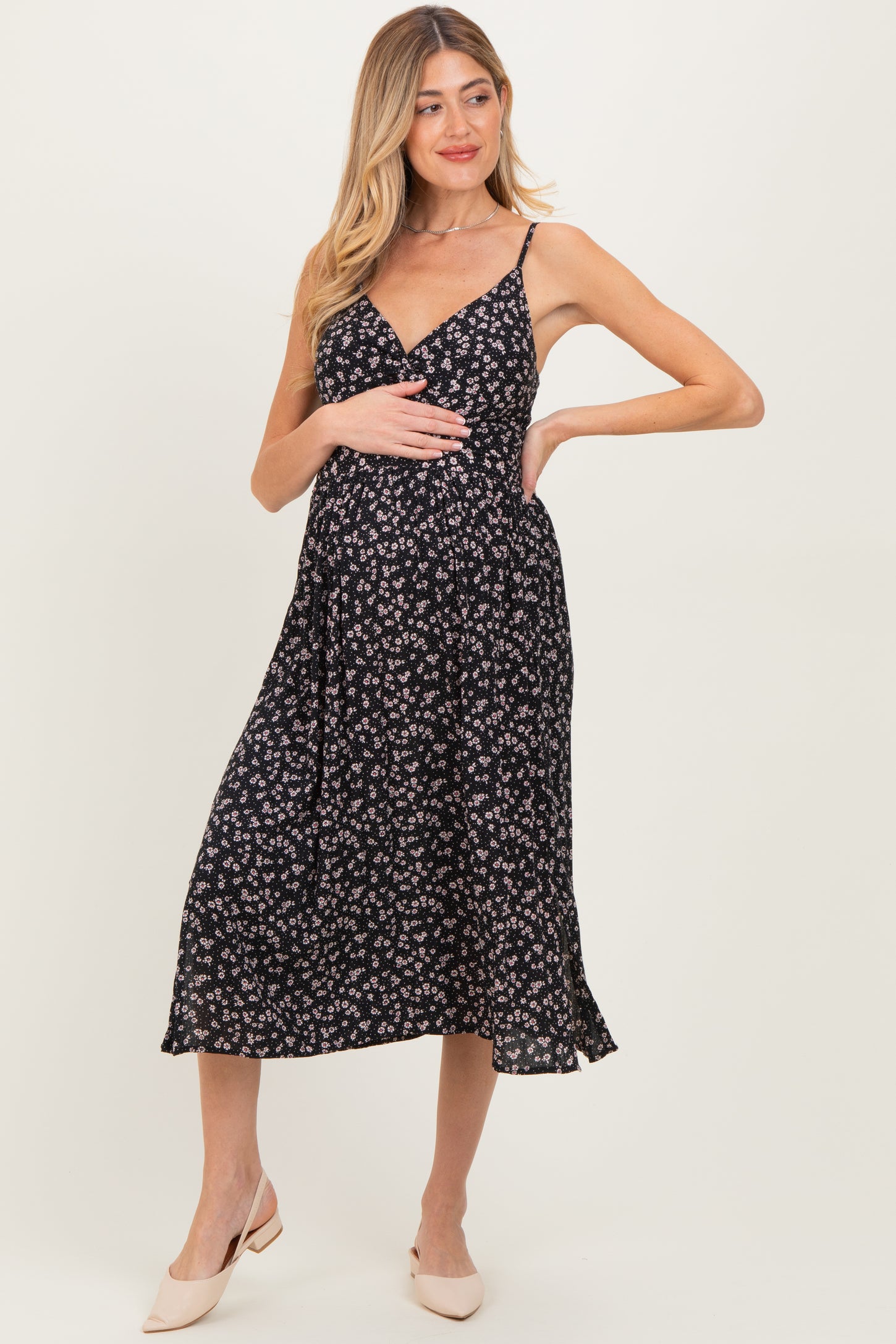 Black Floral Twisted Front Maternity Midi Dress