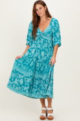 Turquoise Floral Twisted Front Flutter Sleeve Midi Dress