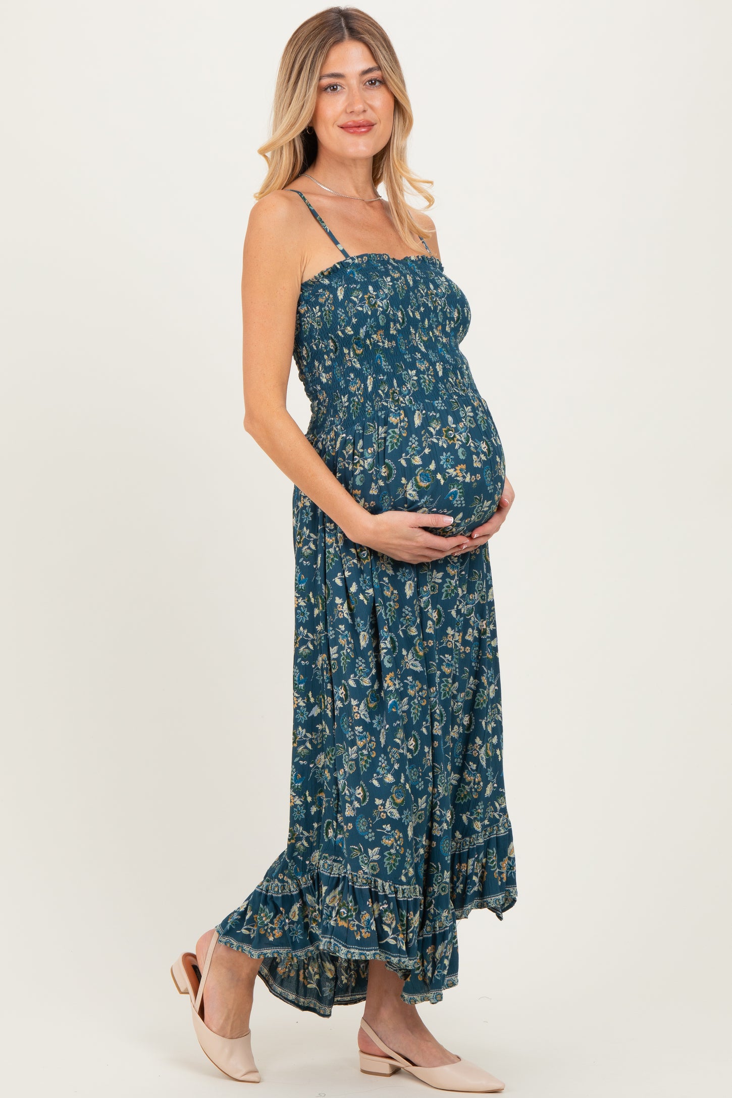 Deep Teal Floral Smocked Handkerchief Hem Maternity Dress