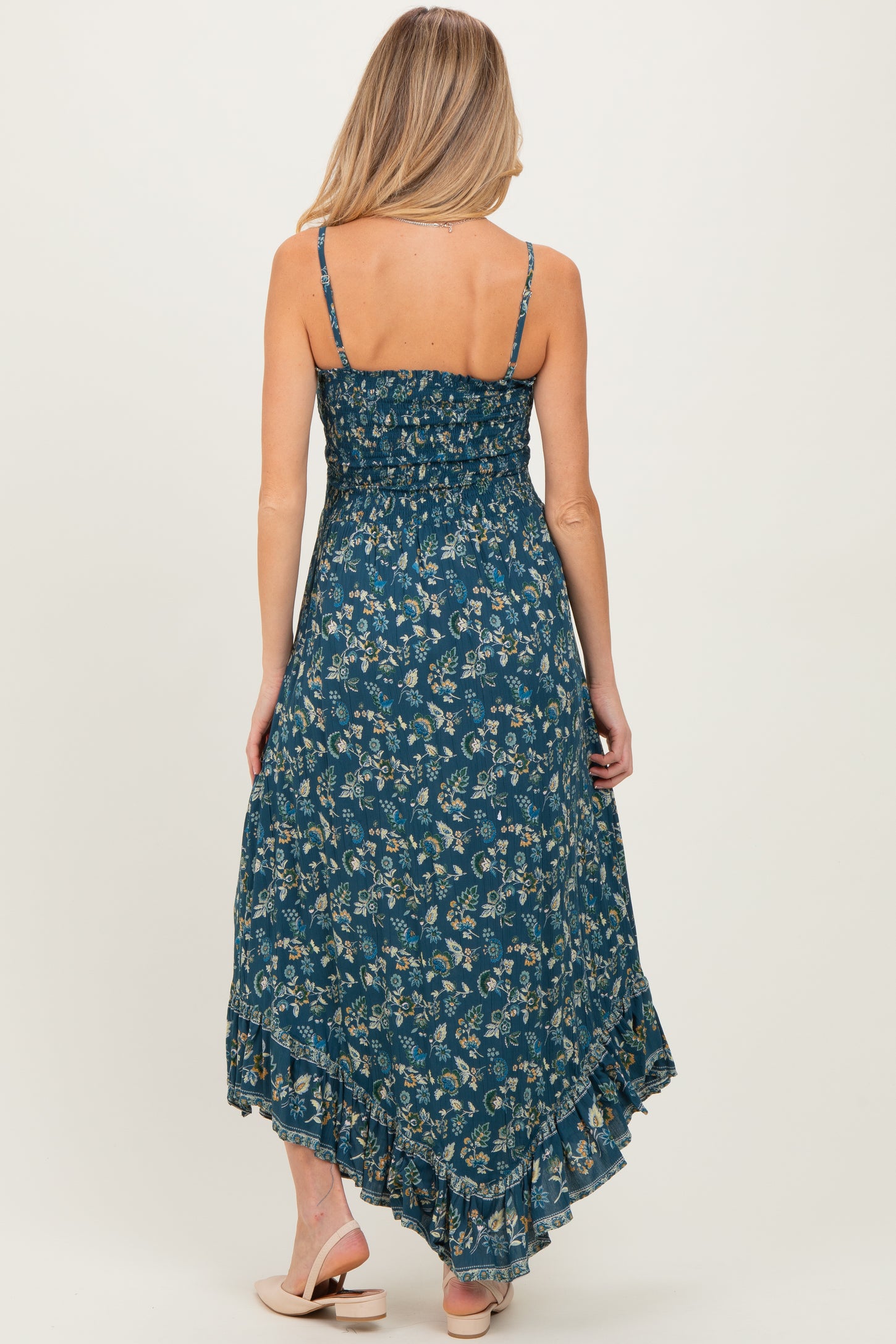 Deep Teal Floral Smocked Handkerchief Hem Maternity Dress