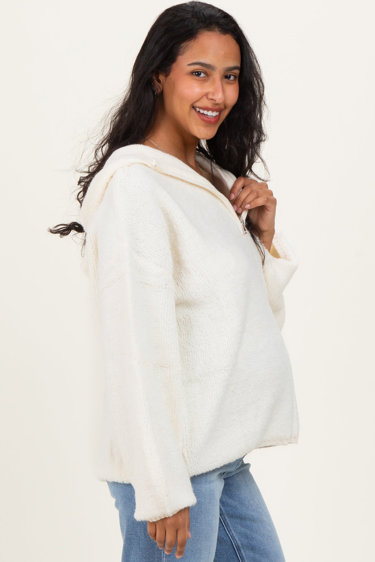 Cream Half Zip Hoodie Maternity Sweater