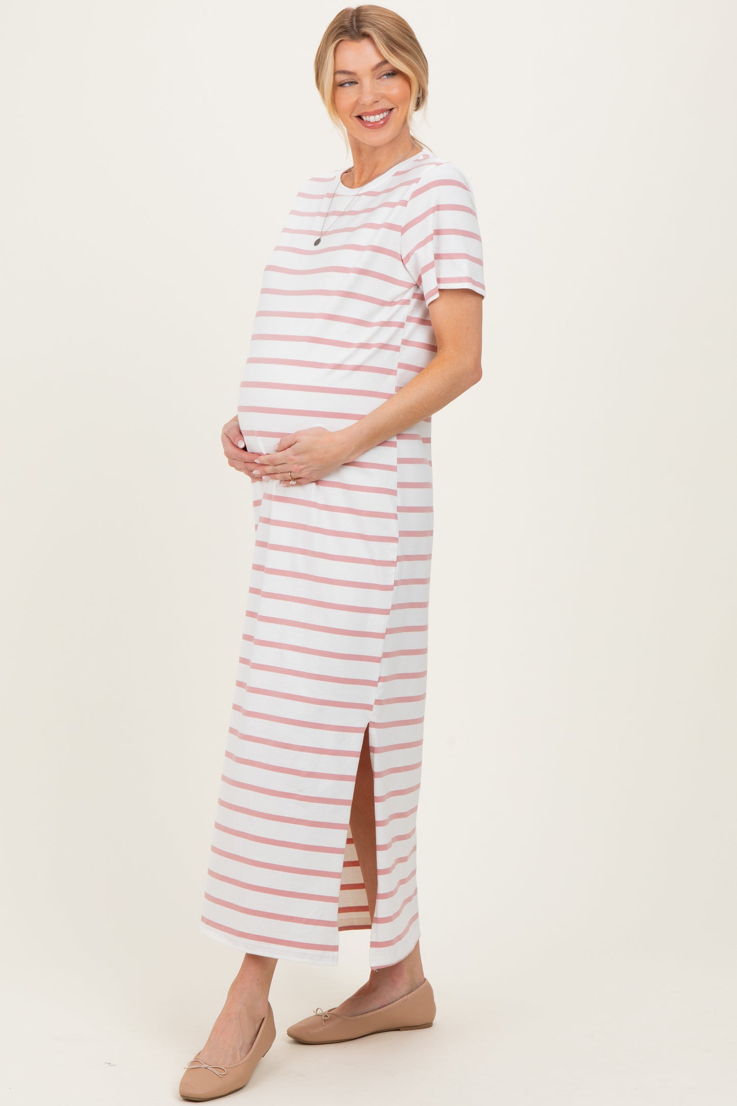 Peach Striped Side Slit Maternity Maxi Dress