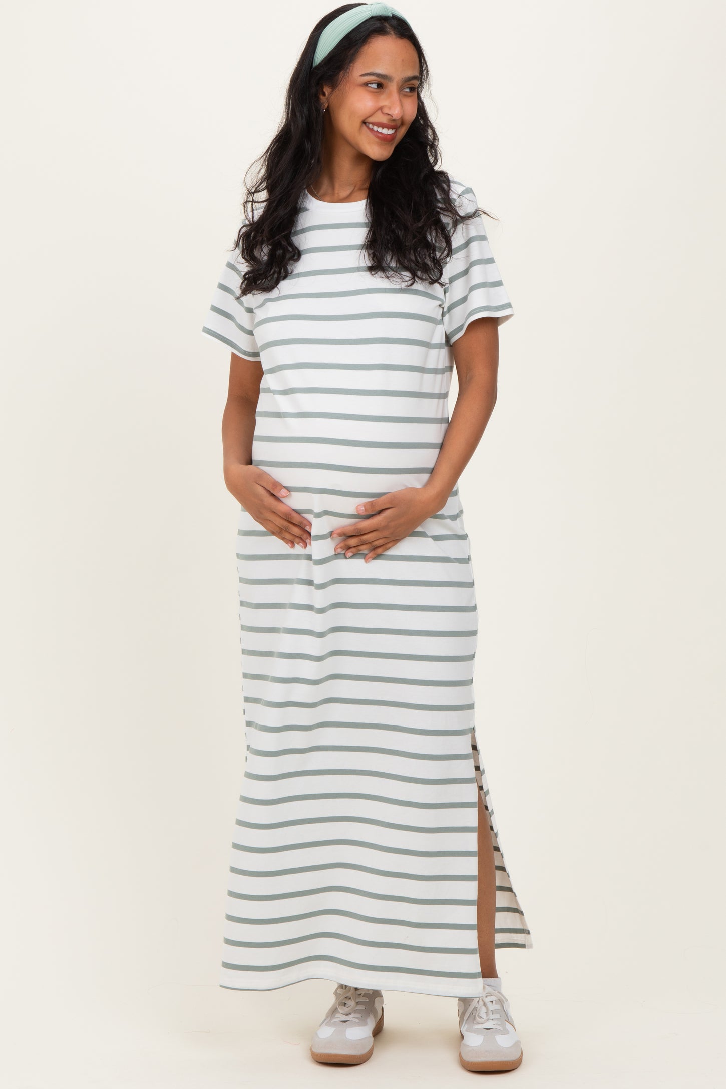 Sage Striped Side Slit Maternity Maxi Dress