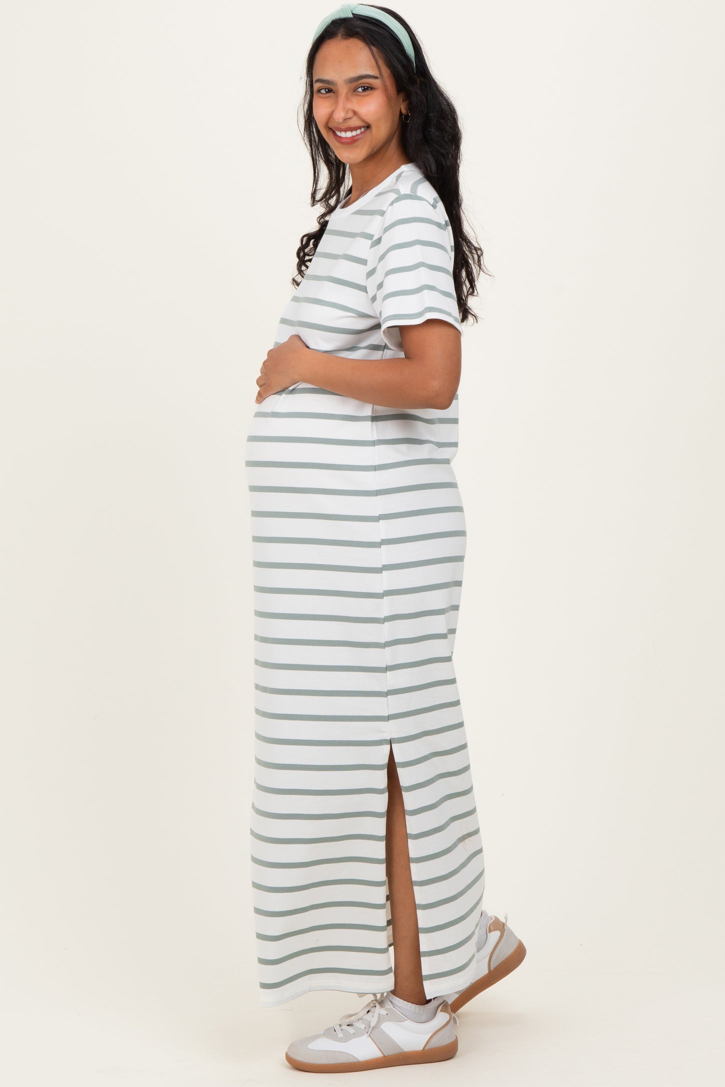 Sage Striped Side Slit Maternity Maxi Dress
