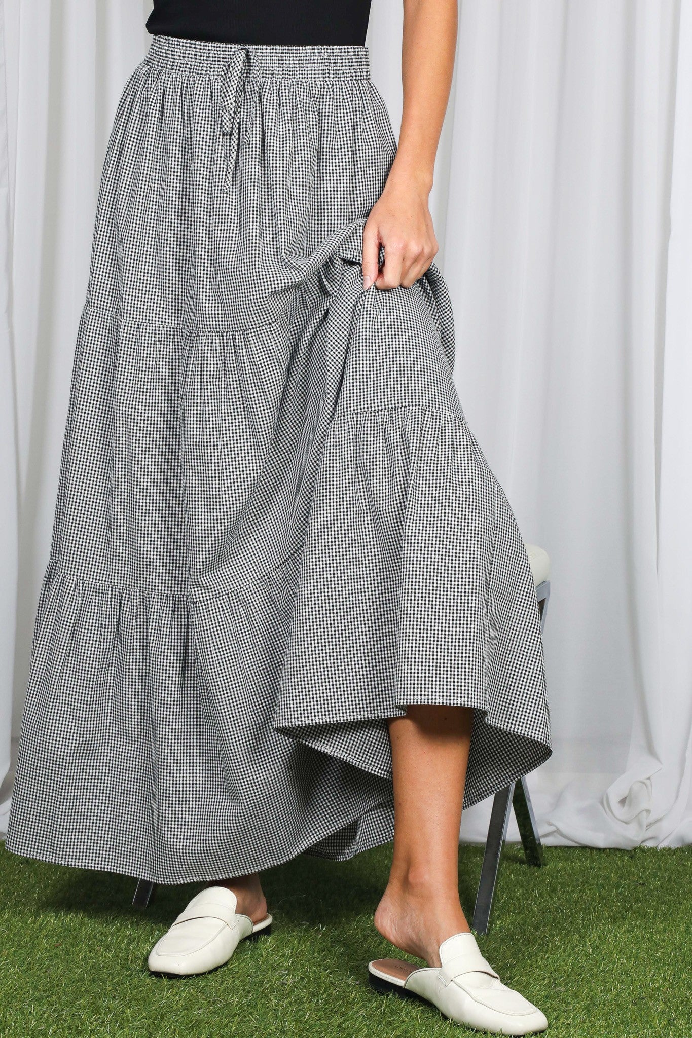 Black Gingham Tiered Maxi Skirt