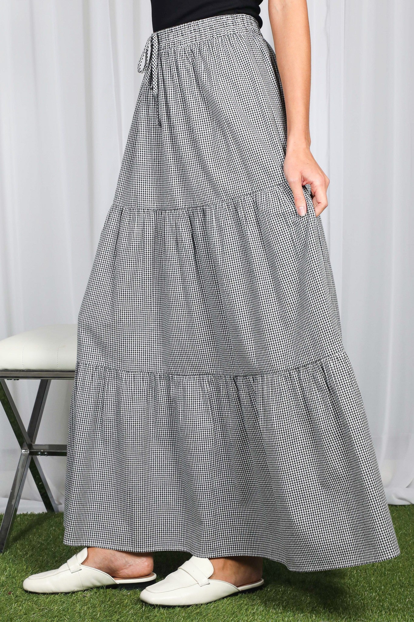 Black Gingham Tiered Maxi Skirt