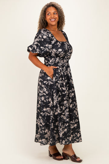 Black Floral Puff Sleeve Smocked Waist Plus Midi Dress