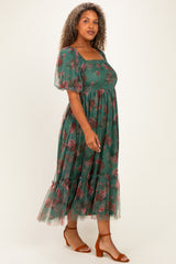Forest Green Rose Print Tulle Overlay Plus Midi Dress