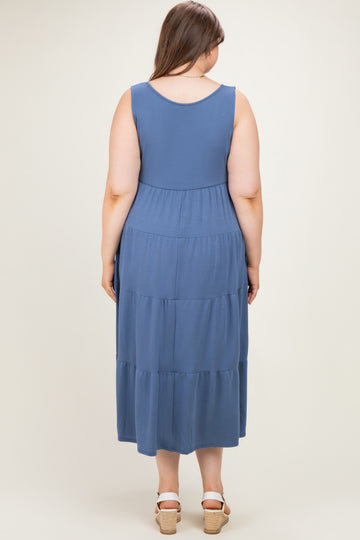 Blue Solid Tiered French Terry Maternity Plus Maxi Dress