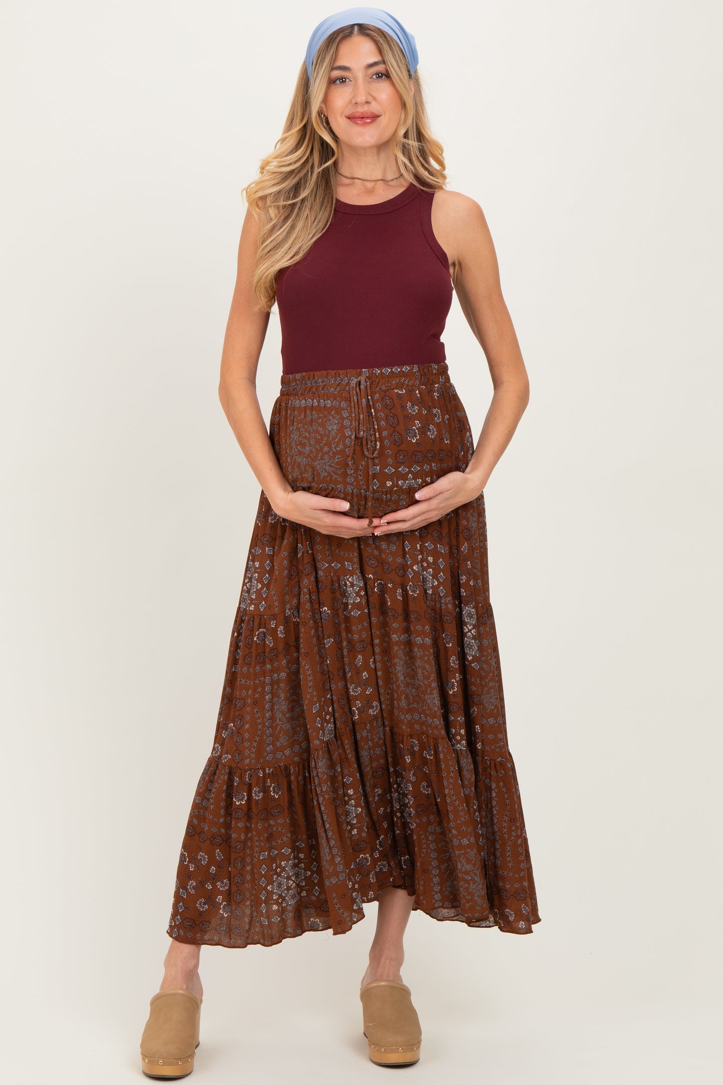 Brown Printed Tiered Maternity Maxi Skirt