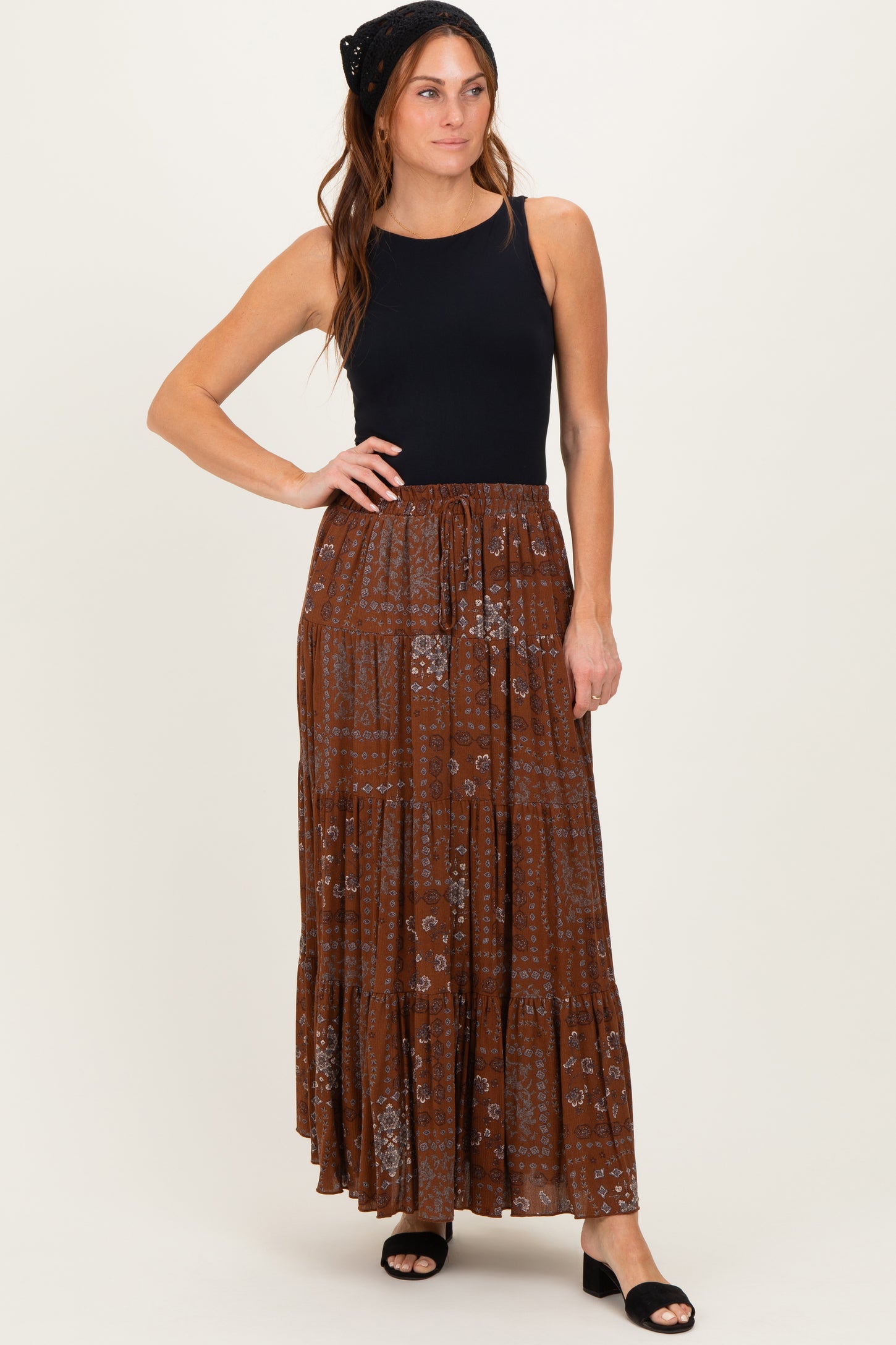Brown Printed Tiered Maxi Skirt