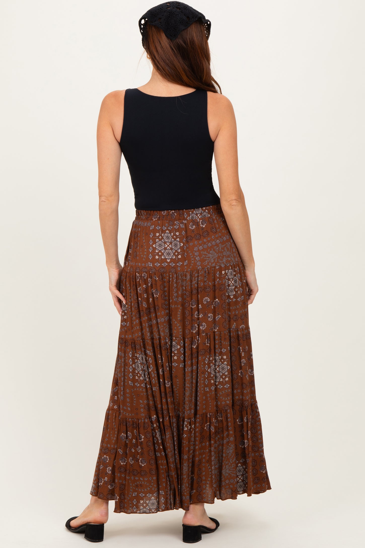 Brown Printed Tiered Maxi Skirt