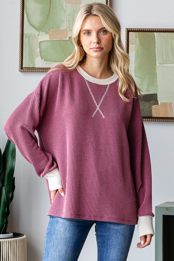 Burgundy Textured Rib Relaxed Fit Pullover Top