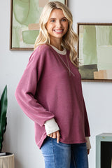 Burgundy Textured Rib Relaxed Fit Pullover Top