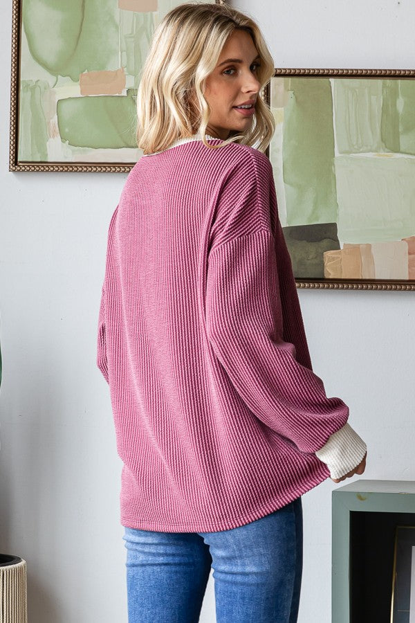 Burgundy Textured Rib Relaxed Fit Pullover Top