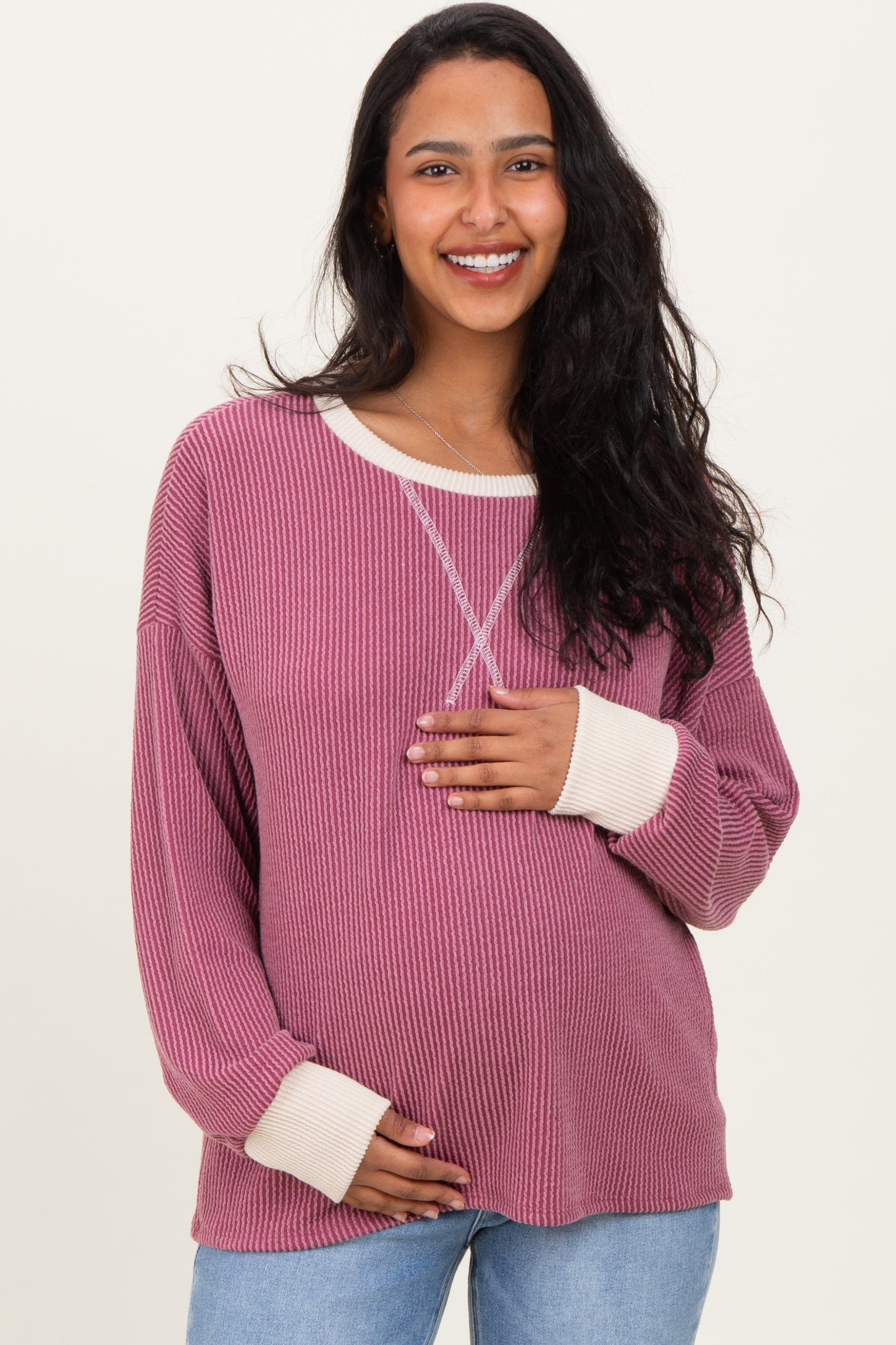 Burgundy Textured Rib Relaxed Fit Maternity Pullover Top