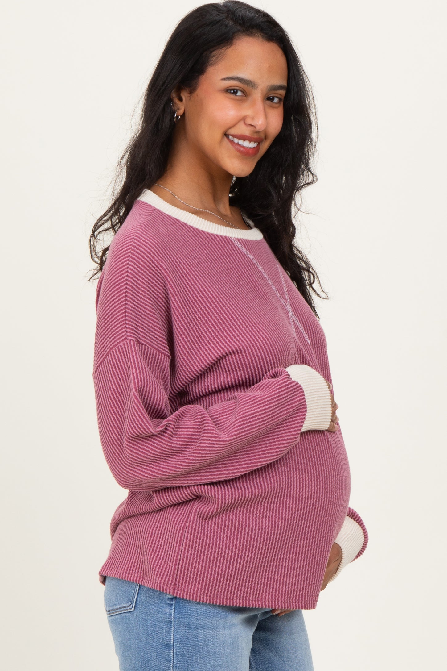 Burgundy Textured Rib Relaxed Fit Maternity Pullover Top