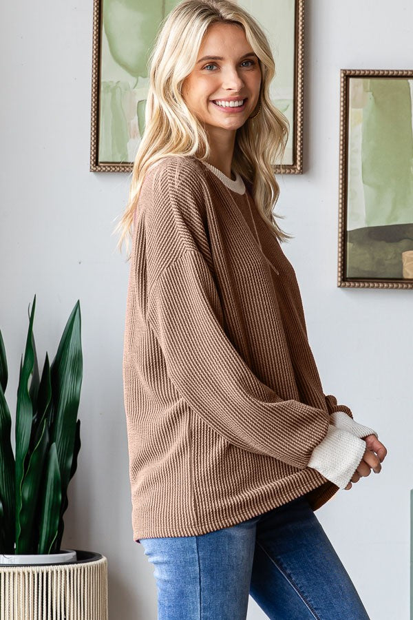 Brown Textured Rib Relaxed Fit Pullover Top