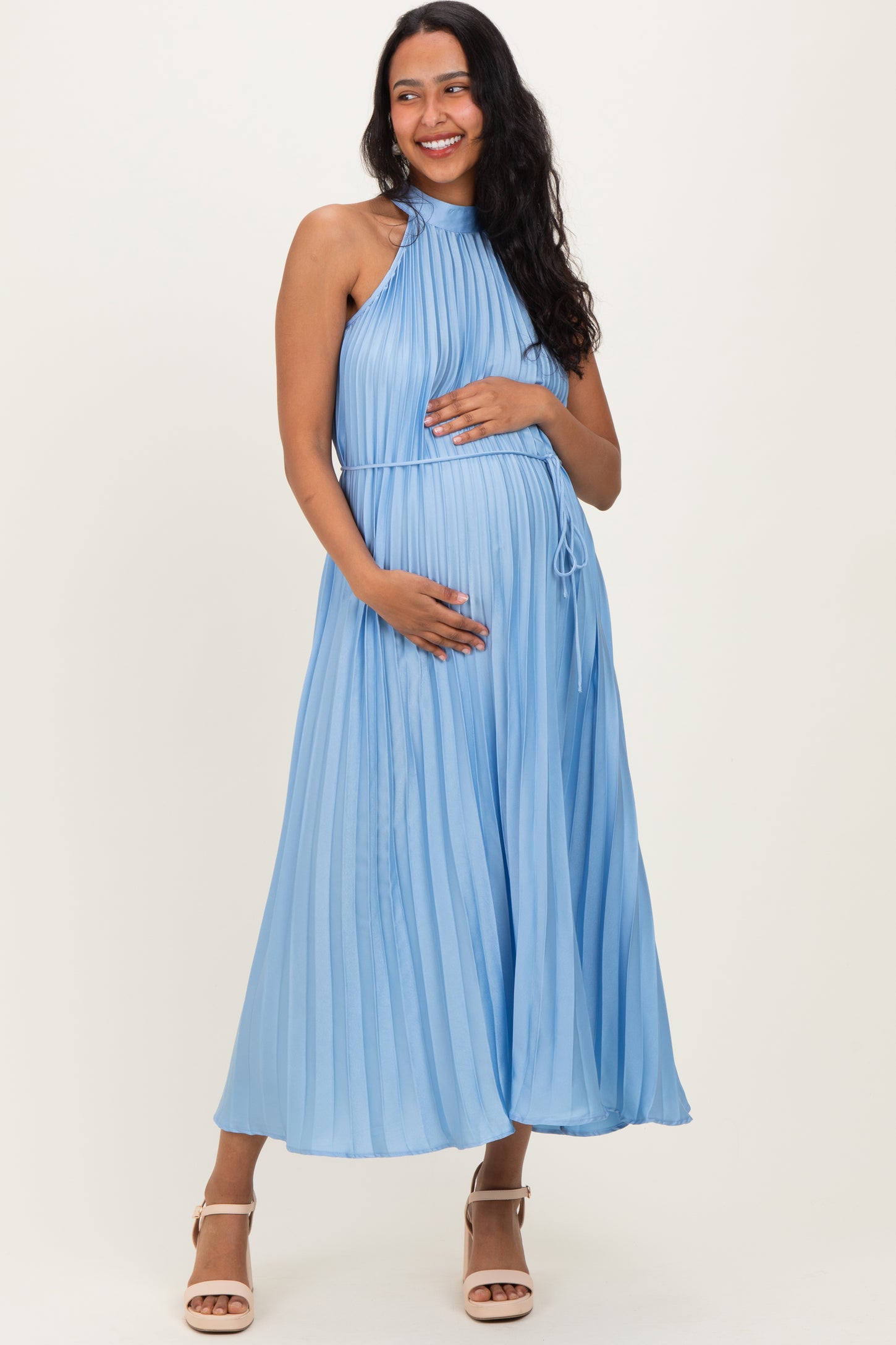 Light Blue Pleated Maternity Halter Dress