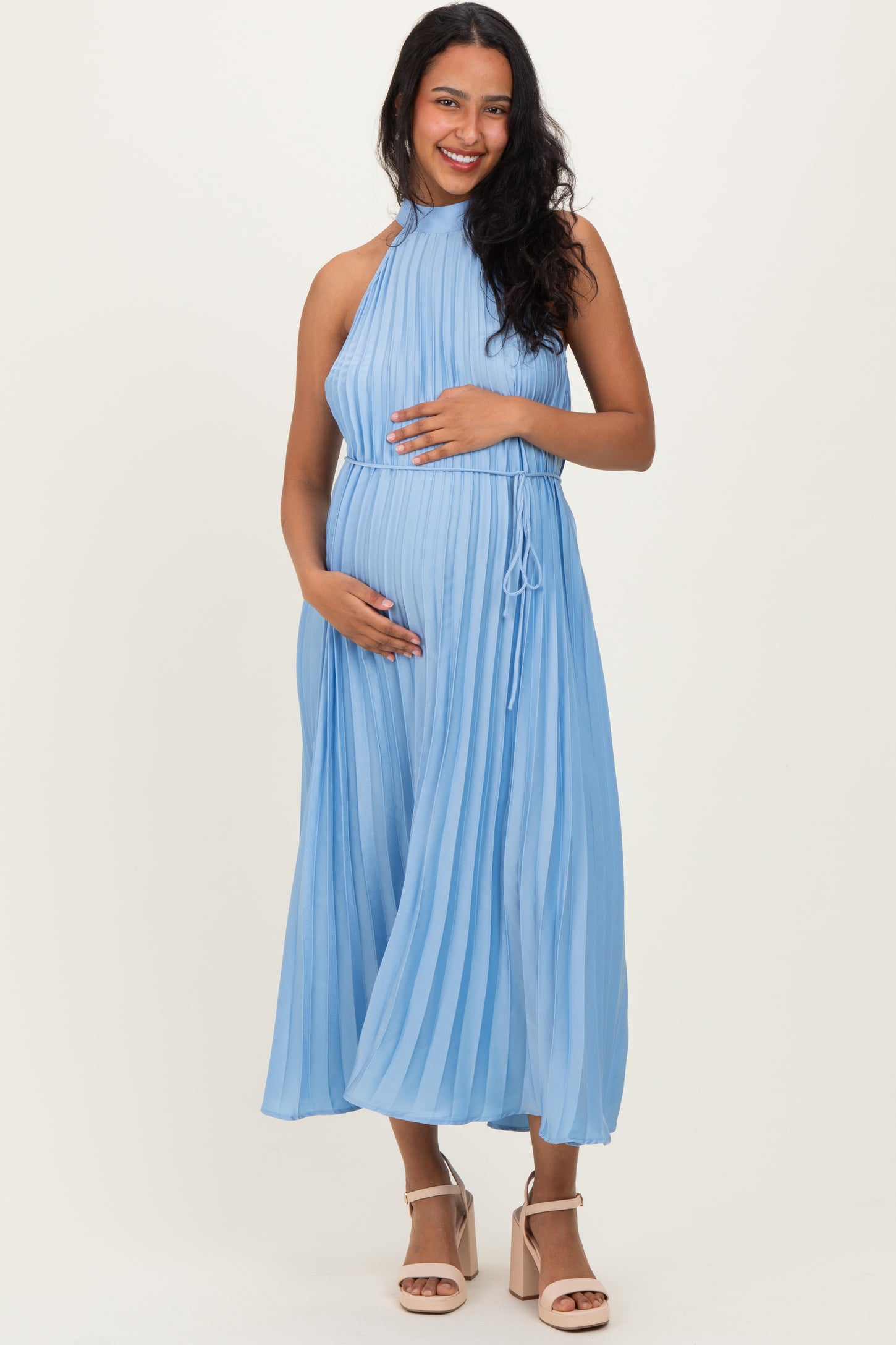 Light Blue Pleated Maternity Halter Dress