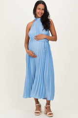 Light Blue Pleated Maternity Halter Dress