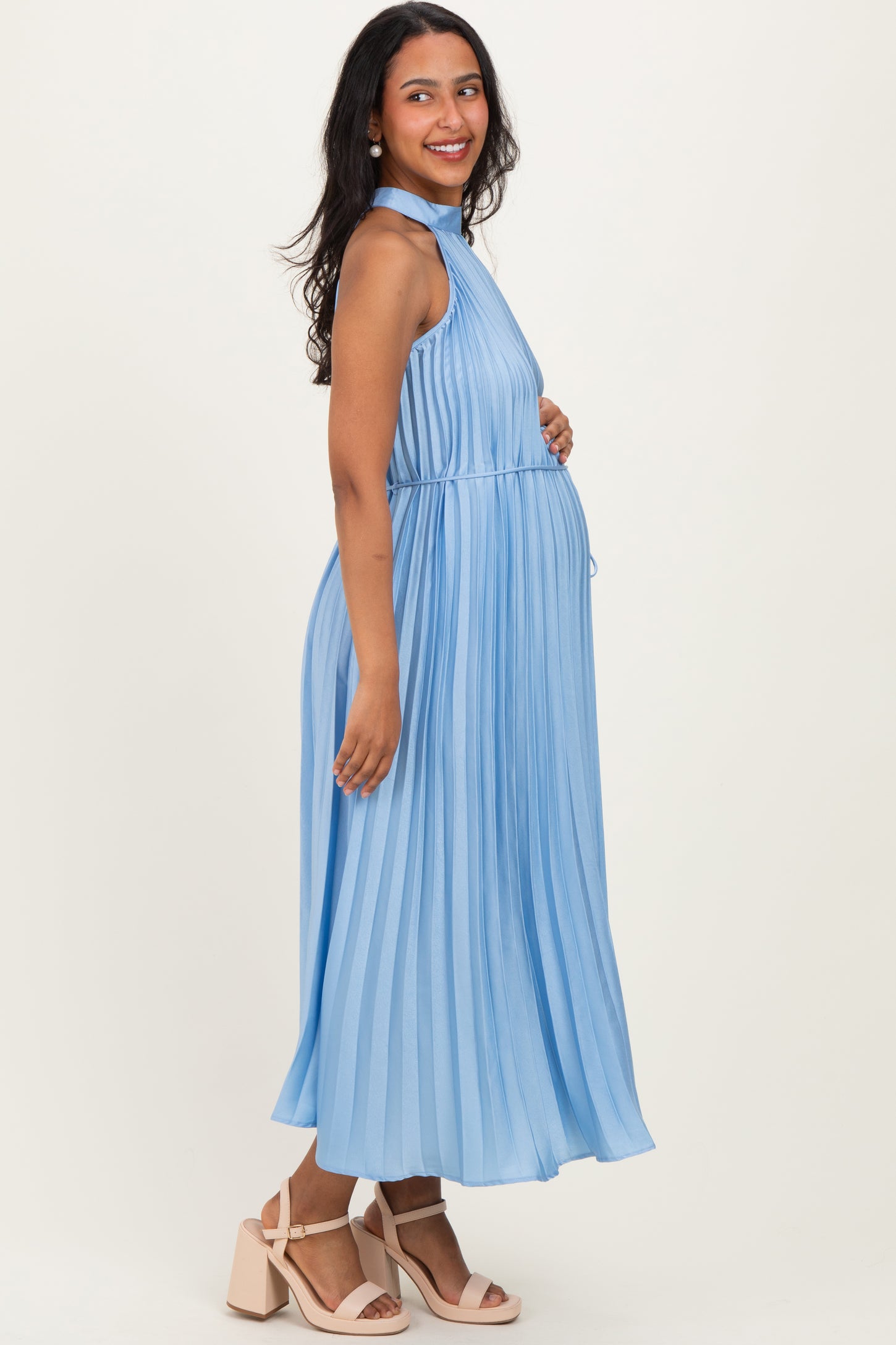 Light Blue Pleated Maternity Halter Dress