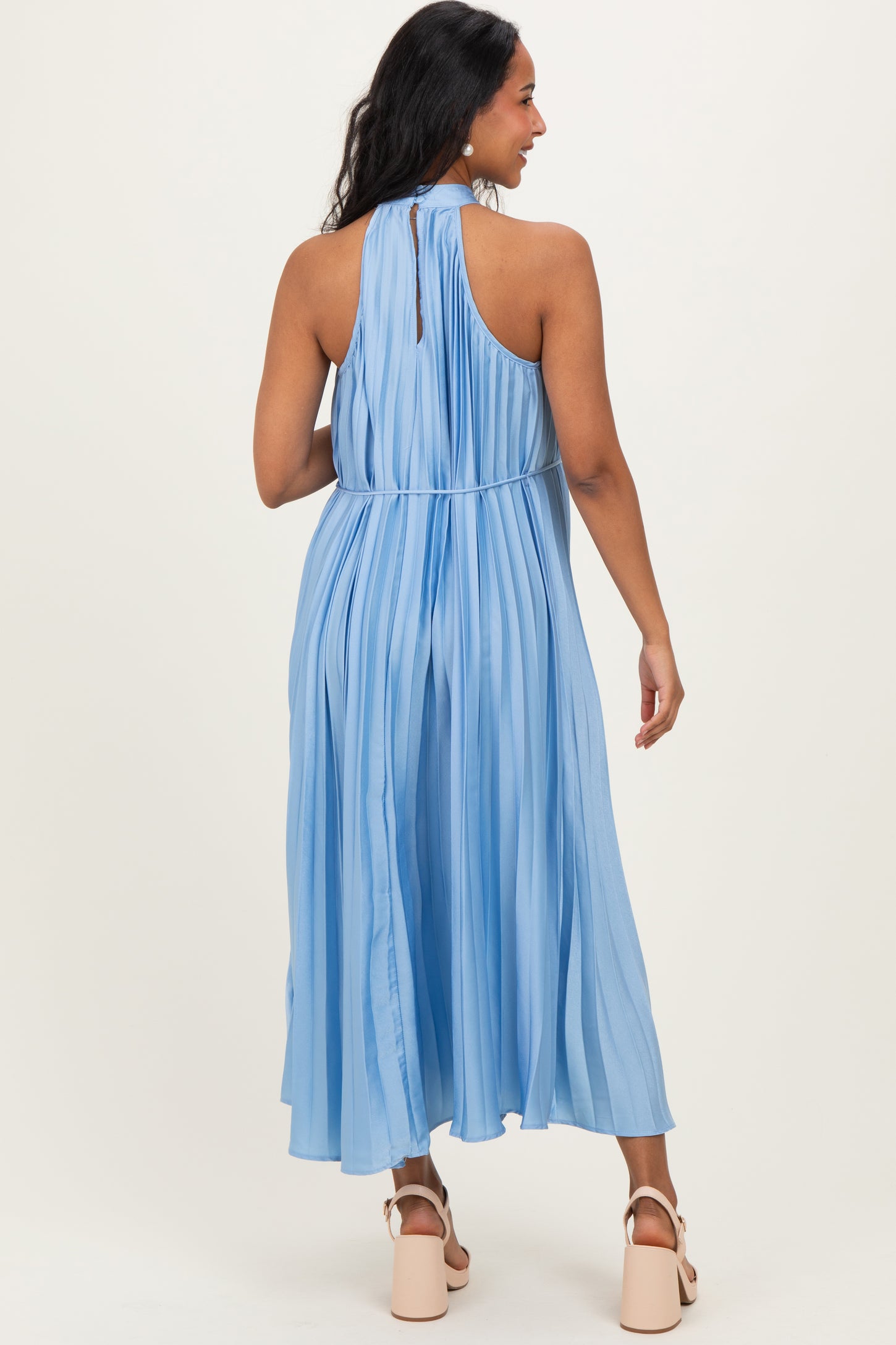 Light Blue Pleated Maternity Halter Dress