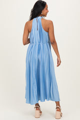 Light Blue Pleated Maternity Halter Dress
