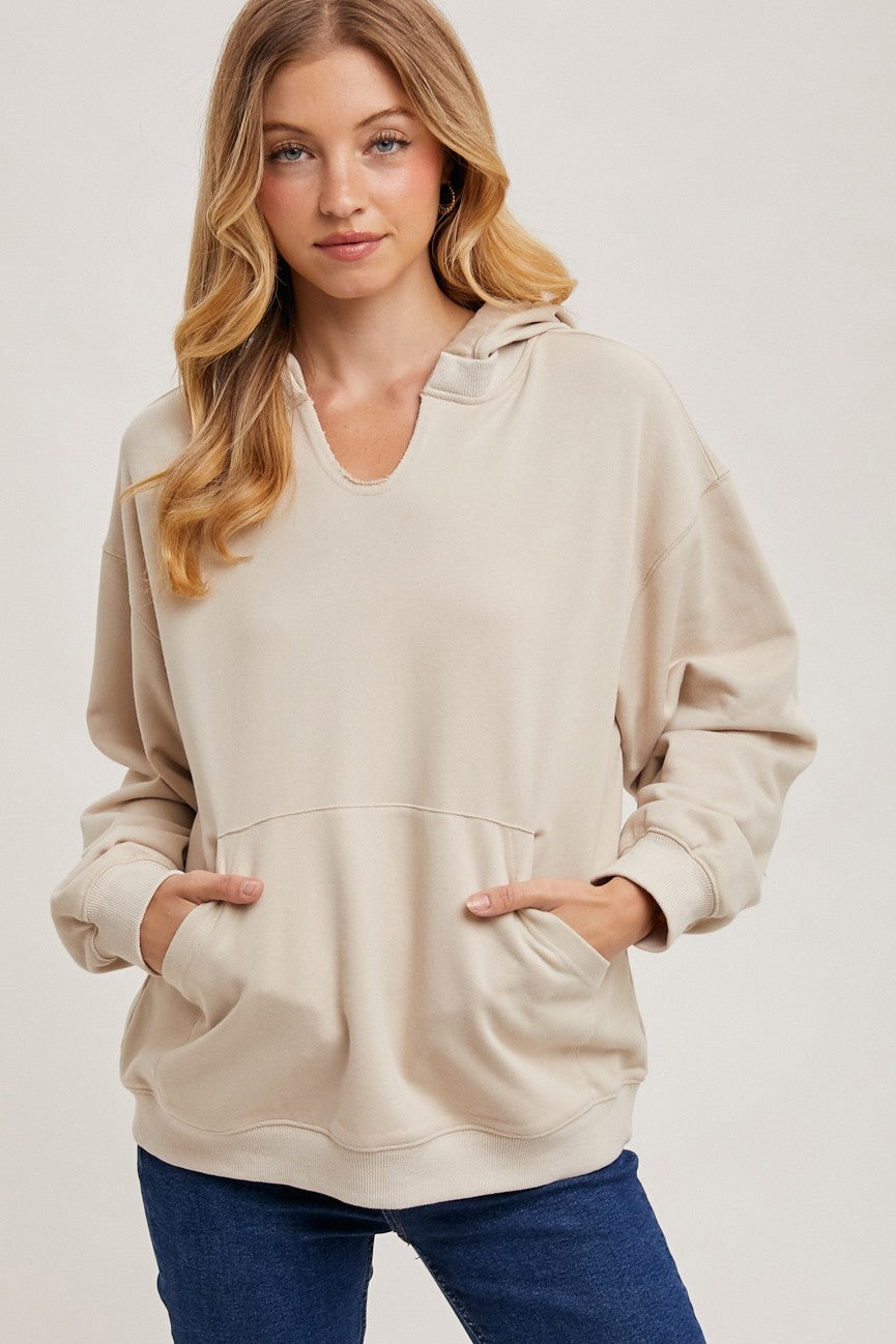 Oatmeal Split Neckline Hoodie