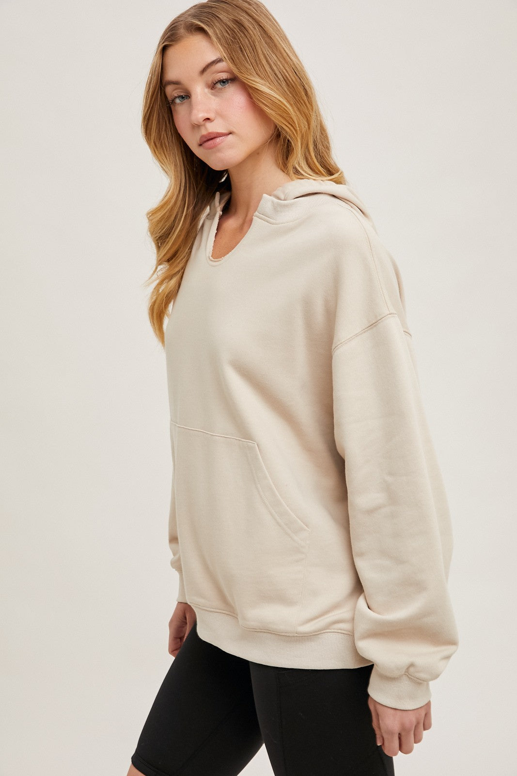 Oatmeal Split Neckline Hoodie