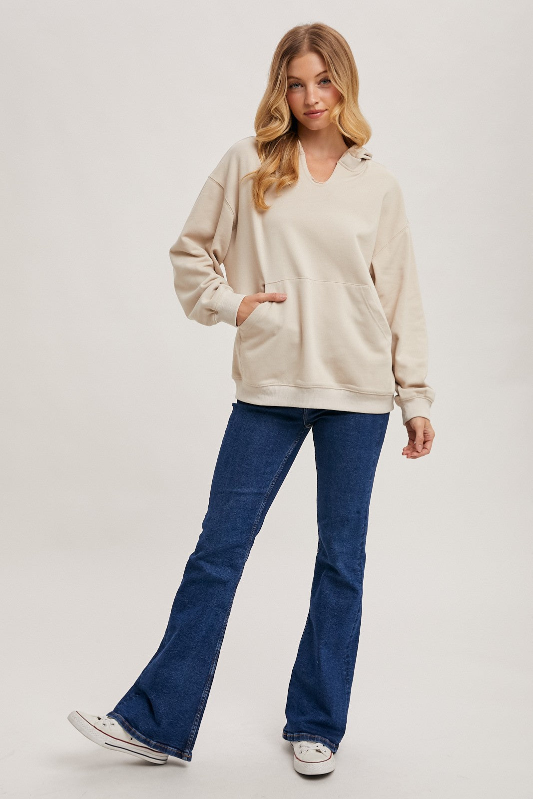 Oatmeal Split Neckline Hoodie